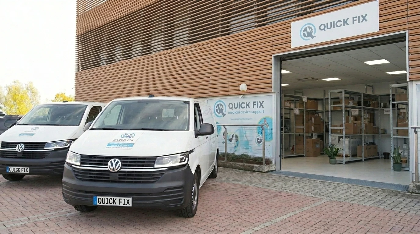 Due furgoni aziendali bianchi Quick Fix parcheggiati davanti al magazzino apparecchiature medicali della sede aziendale, pronti per la distribuzione e la logistica di forniture mediche e apparecchiature per laboratori di analisi.