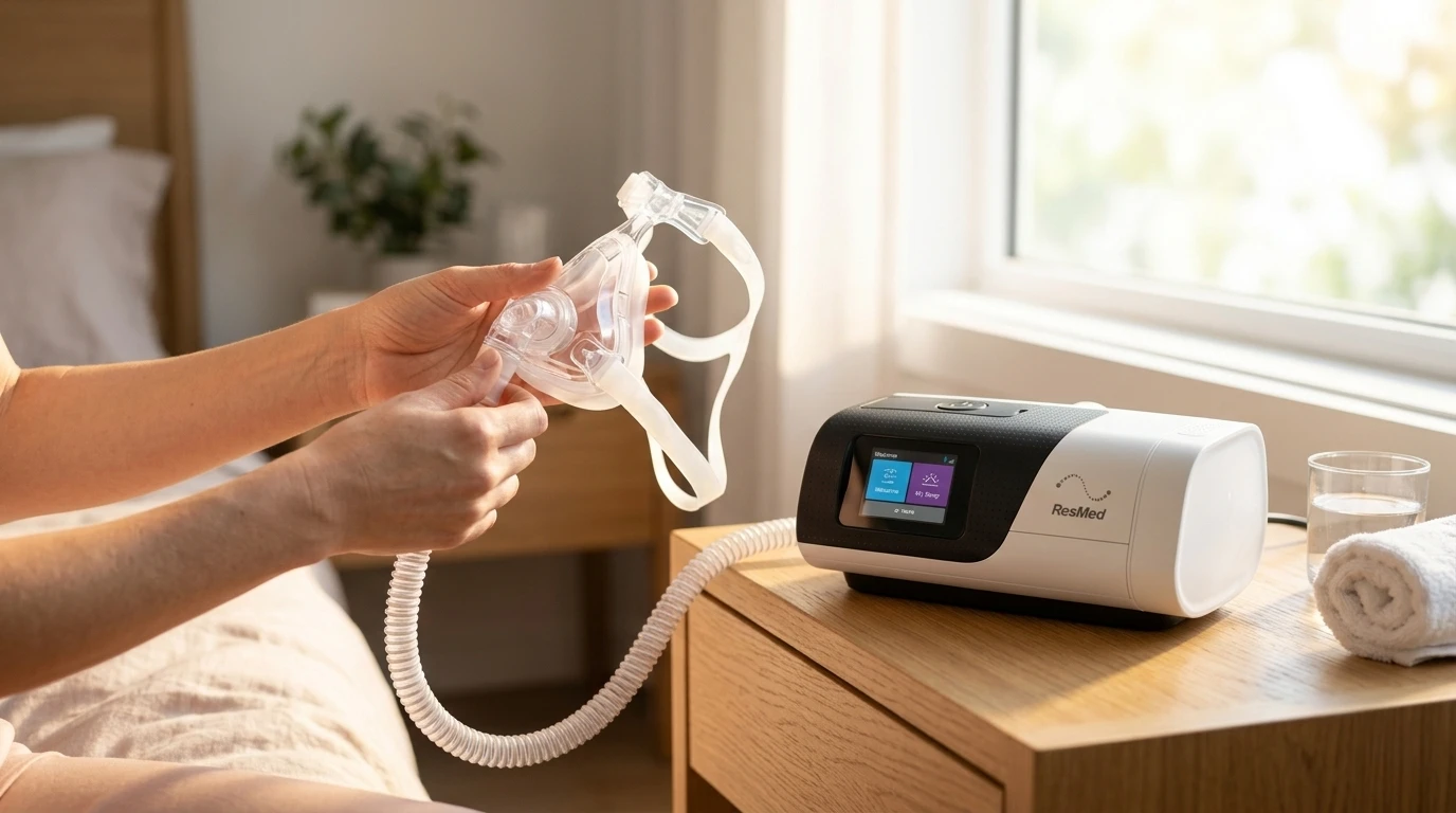 Un utente che esegue la manutenzione preventiva e la pulizia della maschera di una CPAP notturna sul comodino di casa, accanto alla finestra.