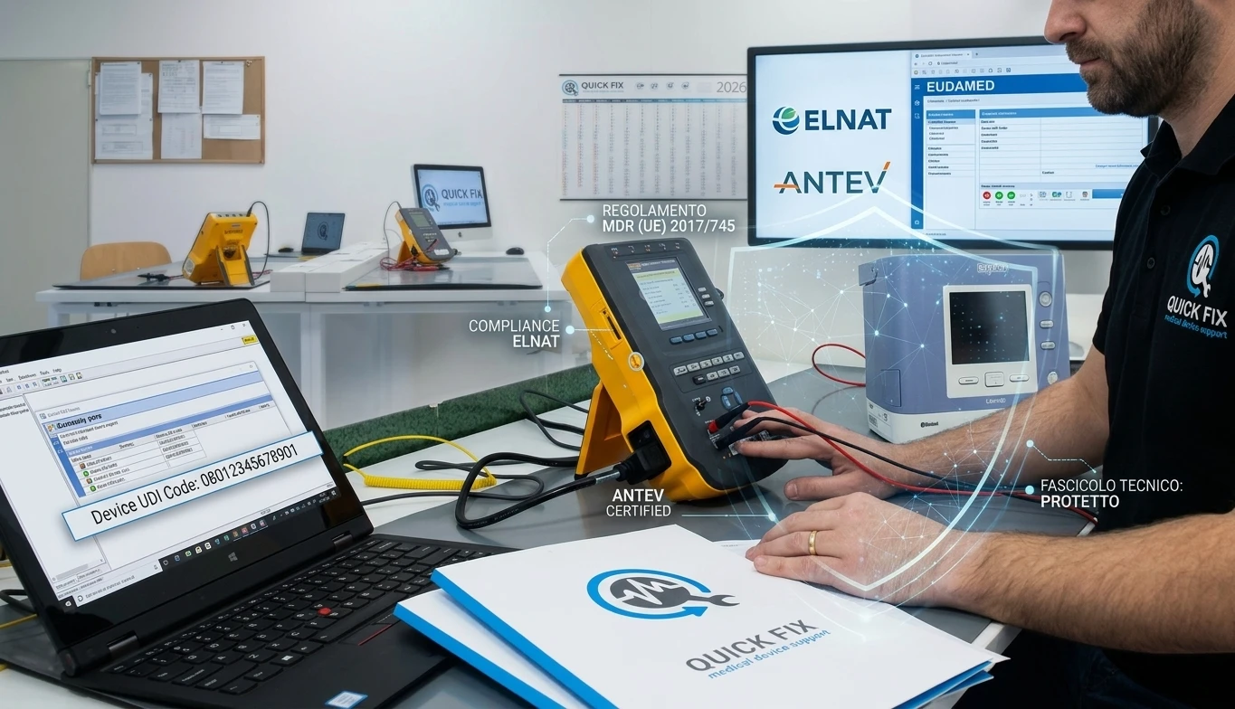 Tecnico Quick Fix a Padova esegue la manutenzione programmata e preventiva su dispositivi medici con analizzatore tarato CEI EN 62353, verificando i codici UDI per la conformità al regolamento MDR e l'aggiornamento del fascicolo tecnico.