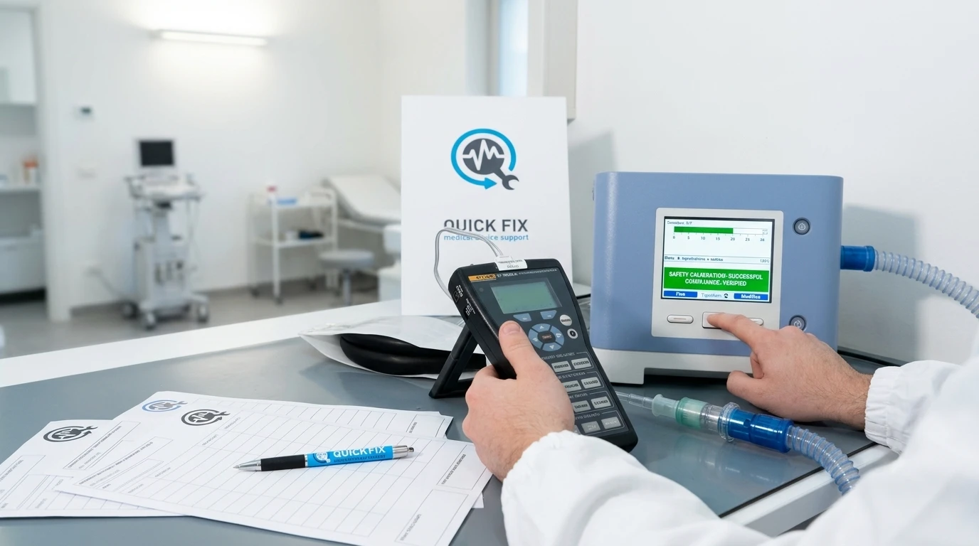 Tecnico di un'azienda manutenzione apparecchi elettromedicali mentre esegue un test di conformità su dispositivi elettromedicali in linea con il nuovo regolamento dispositivi medici MDR