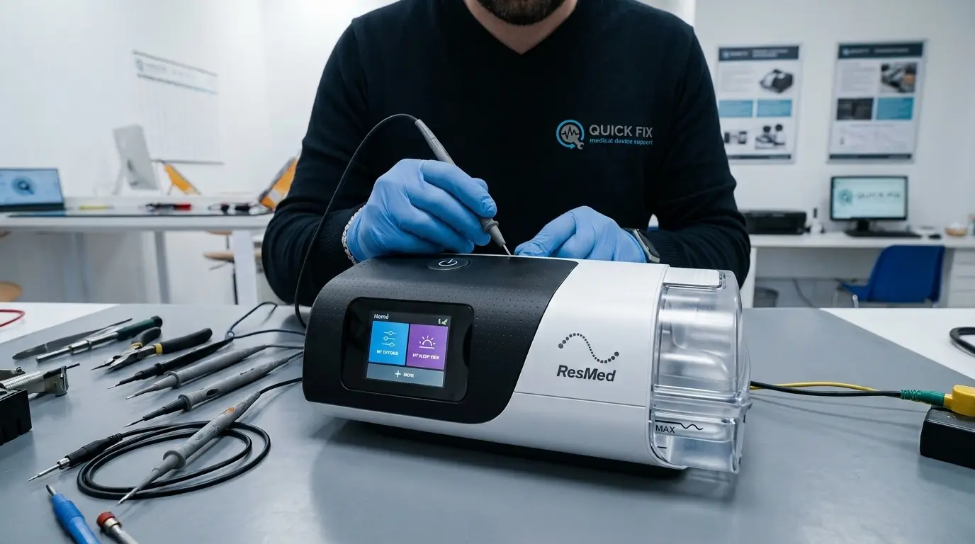 Tecnico Quick Fix durante le verifiche per l’assistenza domiciliare integrata su apparecchio elettromedicale ResMed AirSense 11 in laboratorio.